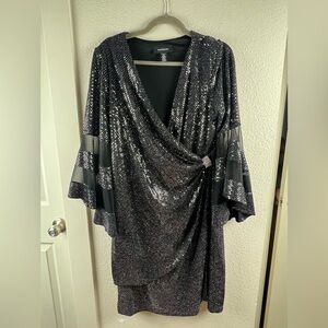 R&M Richards Black Sequin Wrap Elegant Dress Bell Sleeves Mid Length